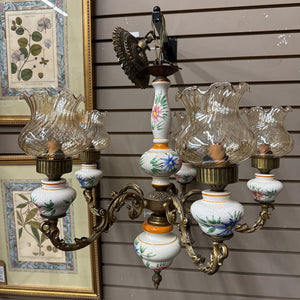 Vintage Hand Painted Porcelain & Copper Floral Chandelier w Fluted Shades