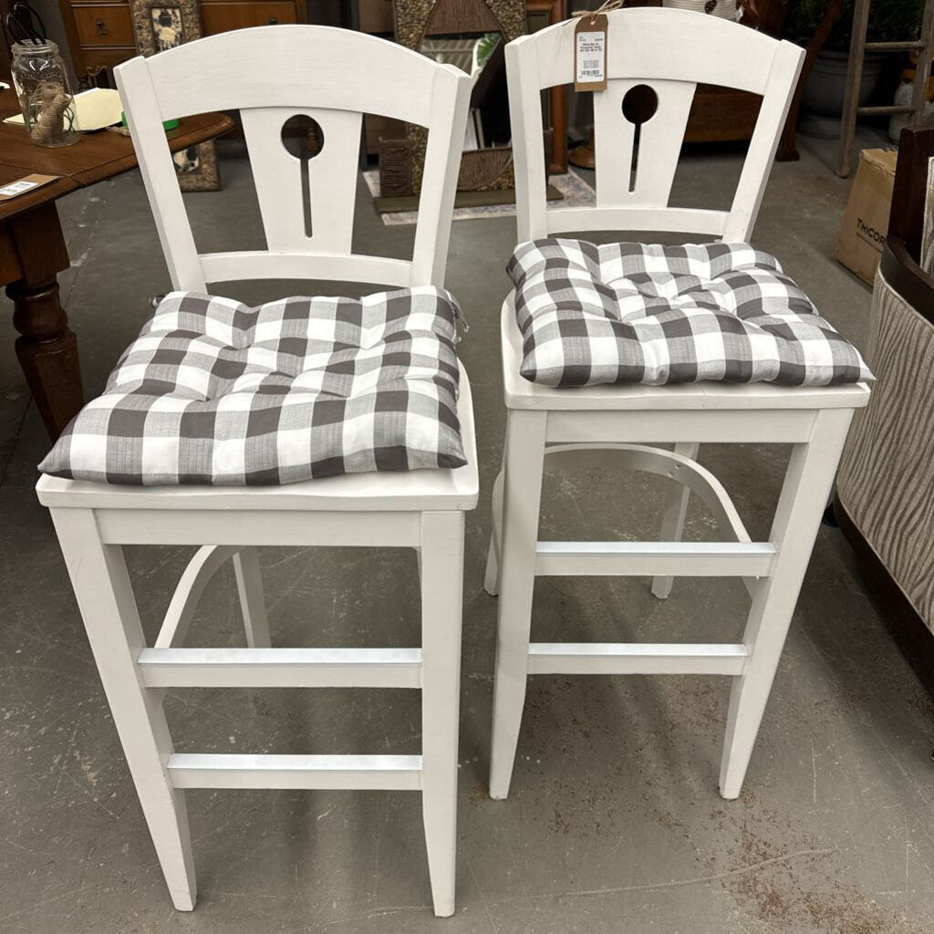 PAIR - White Bar Ht. Stools w Grey Checked Cushion