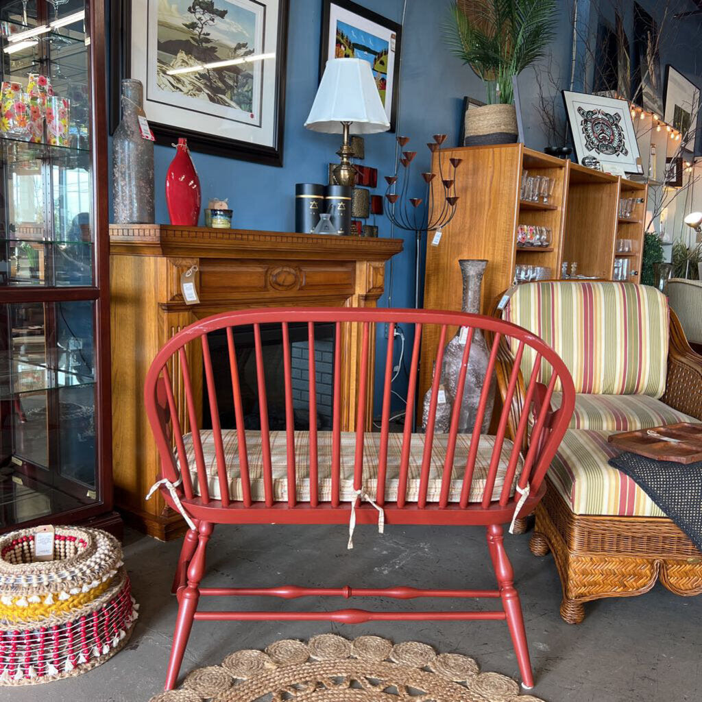 Wood Bench w Curved Back - Matching Plaid Cushion Red, Cream