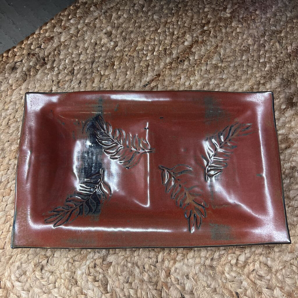 Red Rectangular Platter w Leaf Inlay