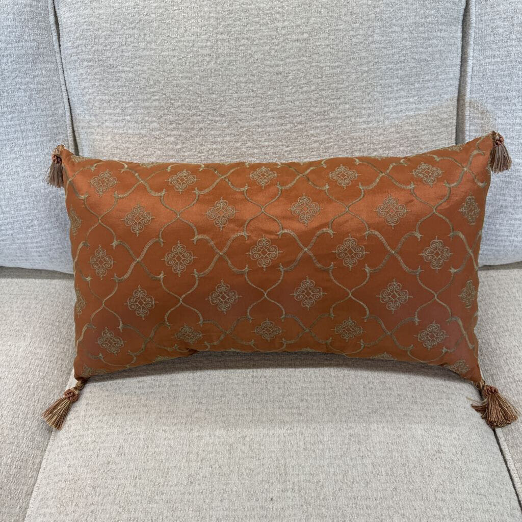 Lumbar Pillow - Orange w Gold Tread Pattern w Tassels