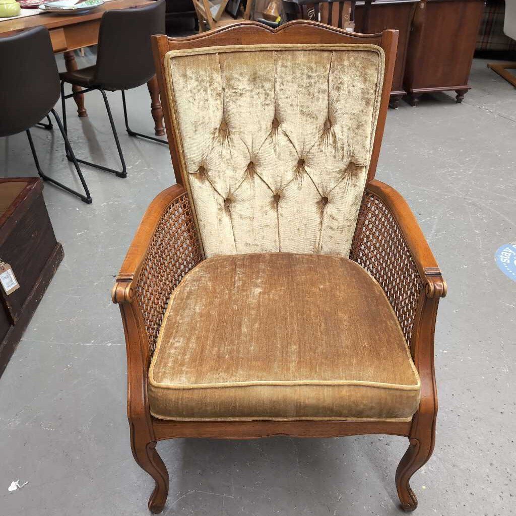 Antique Caned Armchair w Lime Green Velour Fabric