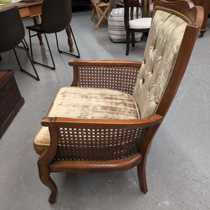 Antique Caned Armchair w Lime Green Velour Fabric