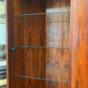 MCM Rosewood Corner Cabinet w Lower Storage and 3 Glass Shelves