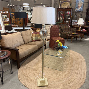 Brushed Gold Floor Lamp w Cracked Glass Accent & Light Beige Shade