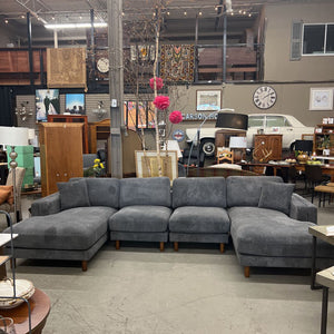 4 Piece Grey Cord Sectional Sofa w Double Chaise