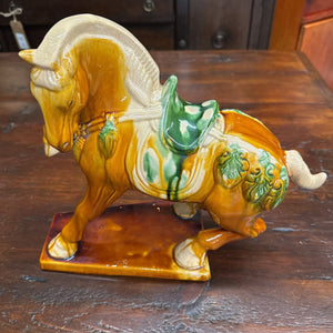 Porcelain Asian War Horse Figurine w Green Saddle