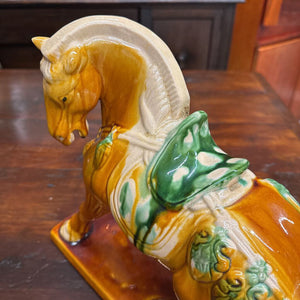 Porcelain Asian War Horse Figurine w Green Saddle