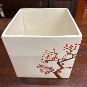 Cream Ceramic Square Plant Pot w Cherry Blossoms