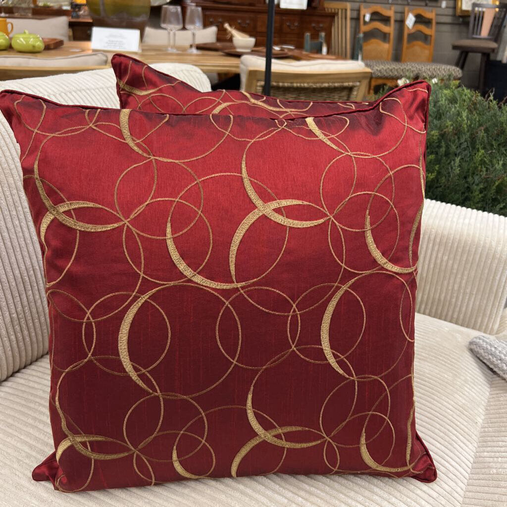 Pair - Faux Silk Cushions w Down Filled Inserts Red w Gold Design