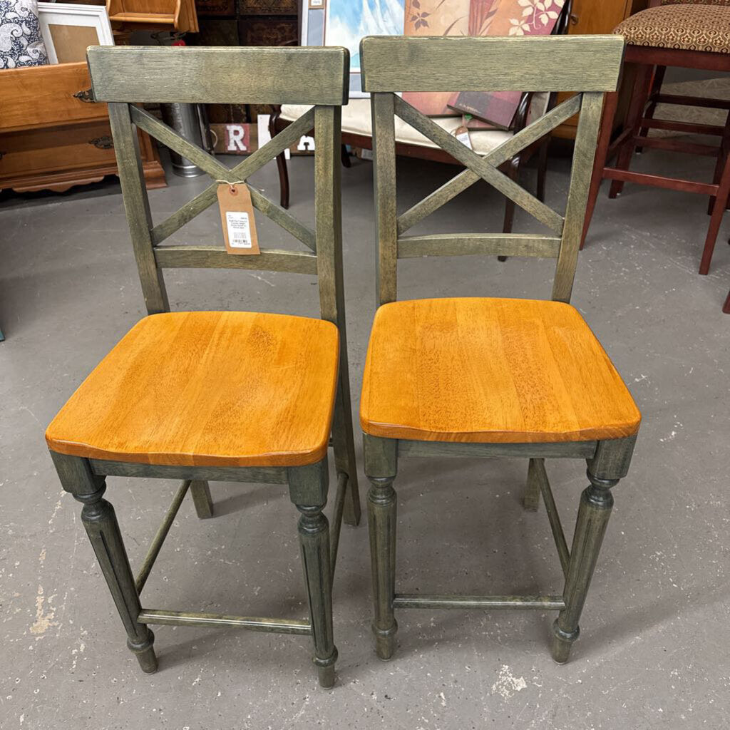 PAIR Pier1 Imports Counter Height Stools Green w Wood Seat