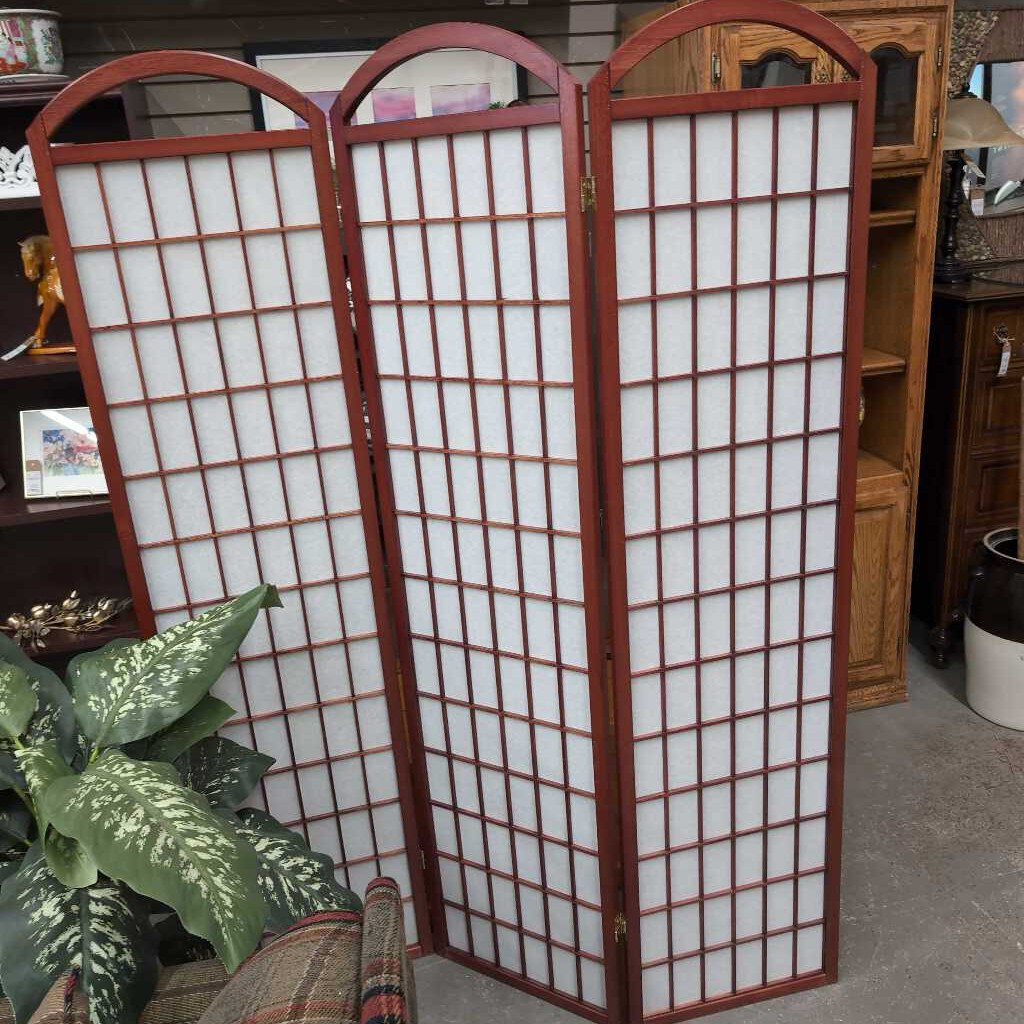 Cherry Stained Wood Three Panel Divider w Rice Paper