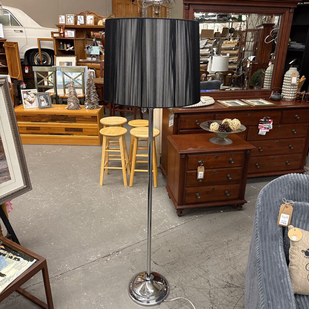 Floor Lamp w Chrome Base and Black Silk String Shade