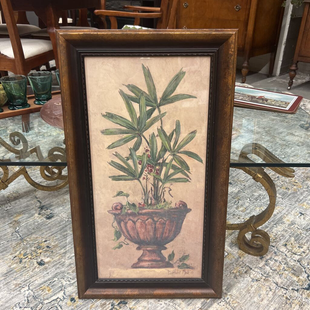 Tropical Wide Leaf Palm In Planter w Gold/Brown Frame