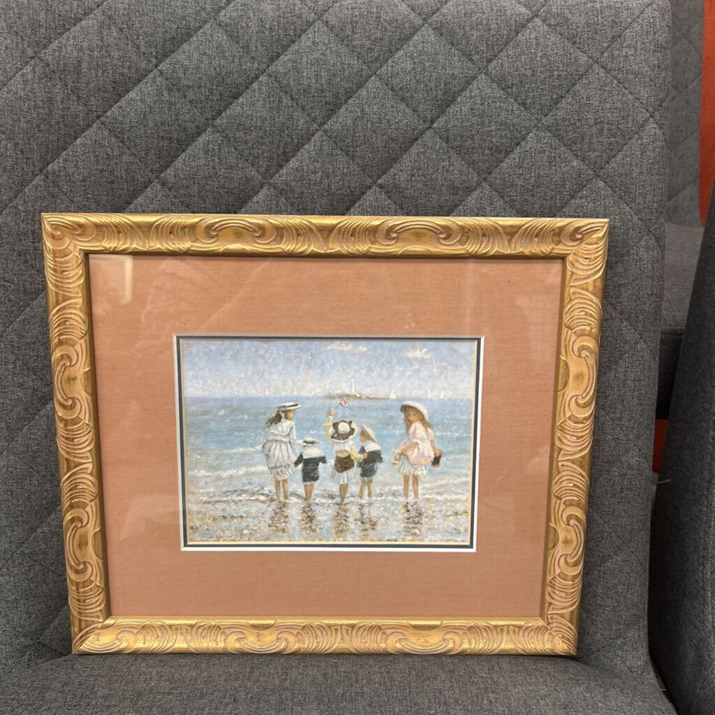 Children On The Beach, In Gold Frame