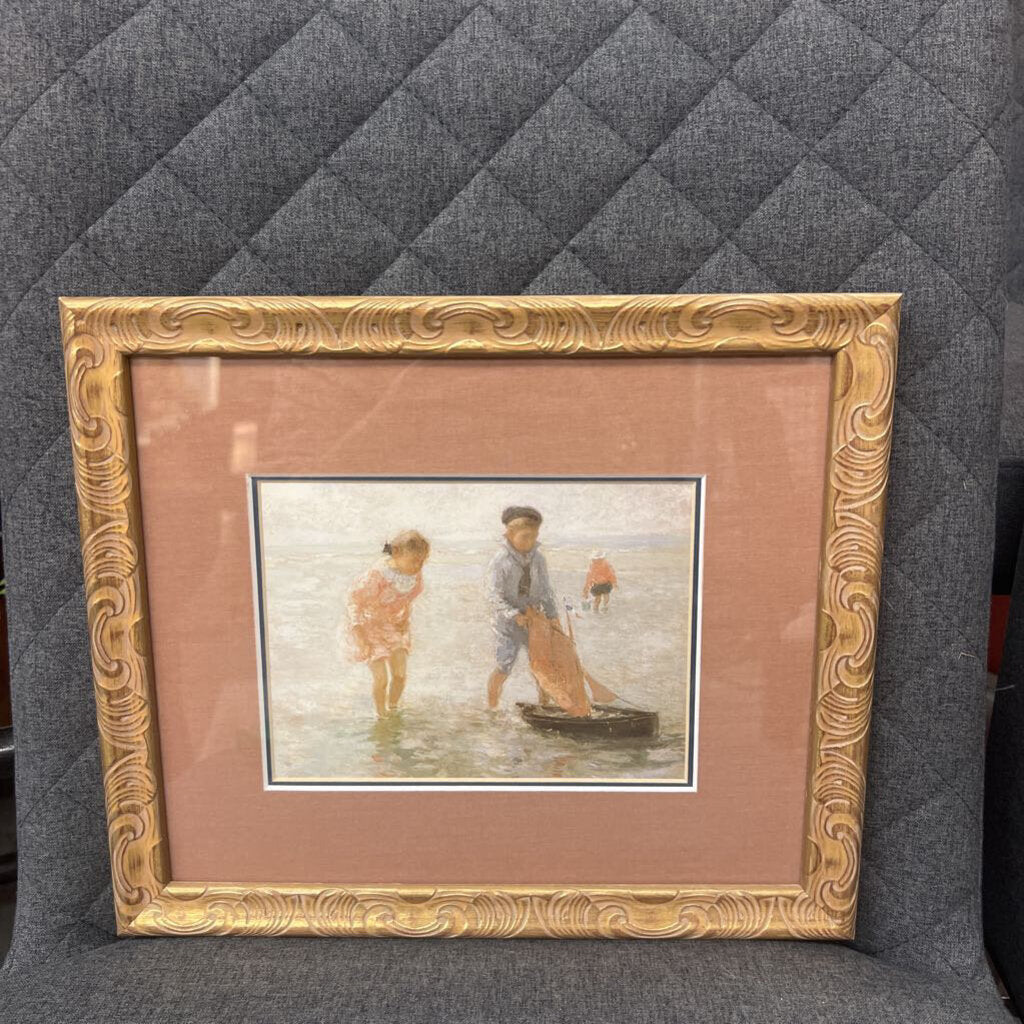 Children w Toy Sail Boat, In Gold Frame