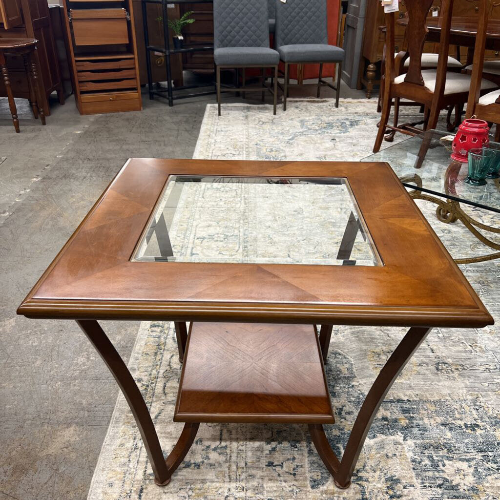 Cherry Inlaid Wood Table w Glass Top Insert