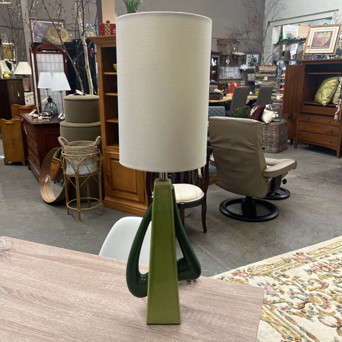 MCM Style Green Table Lamp w Cream Cylinder Shade