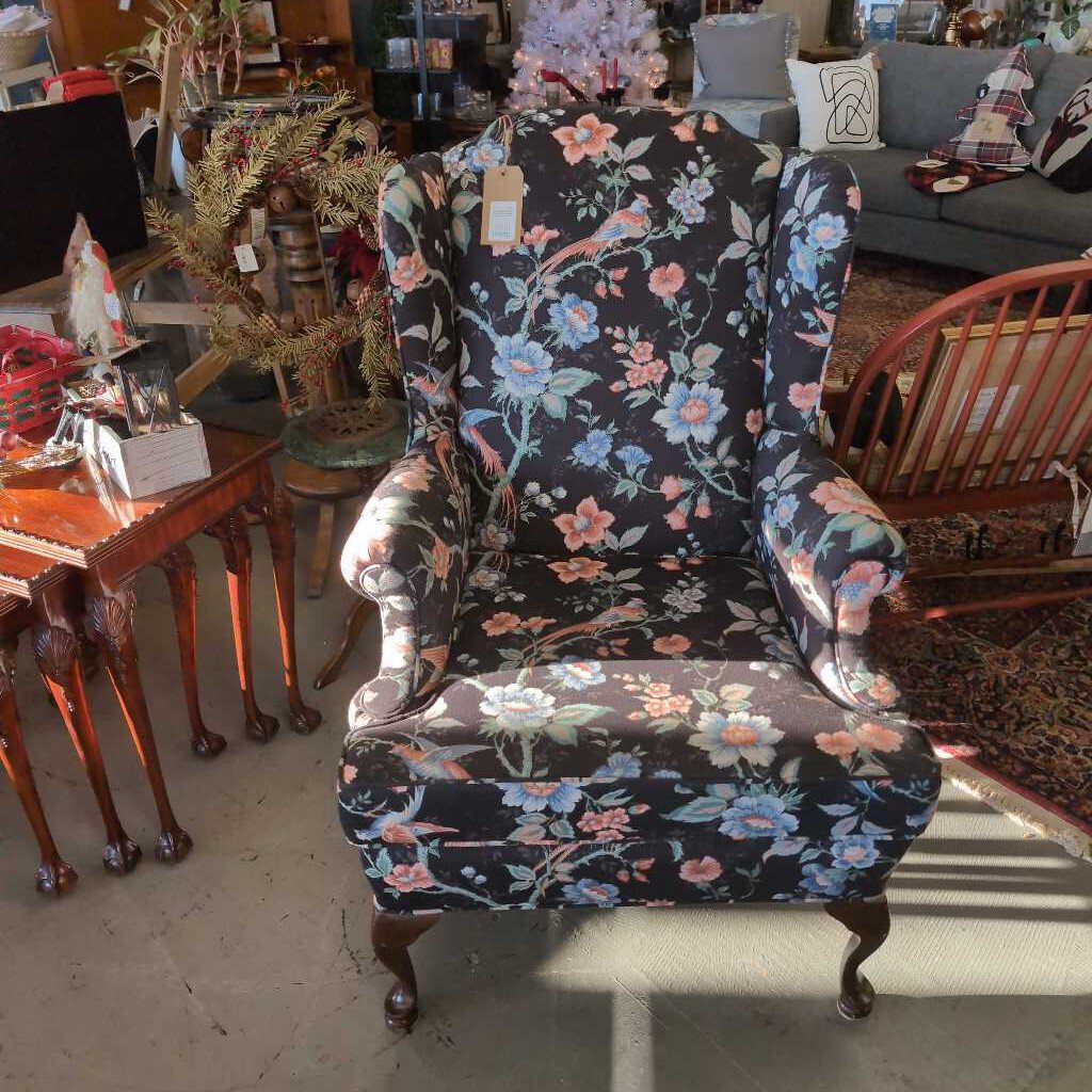 Floral & Bird Fabric Wing Back Chair