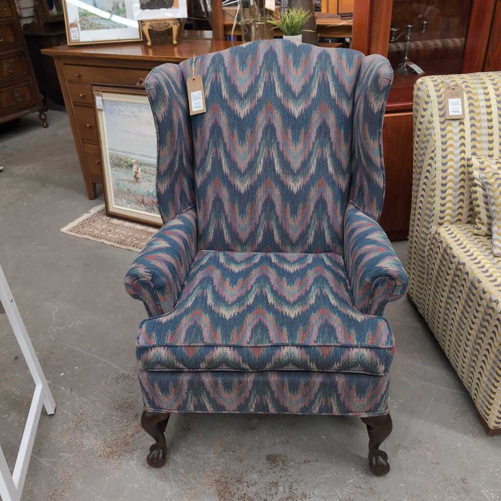 Wing Back Chair w Flame Stitch Pattern Mauve & Blue