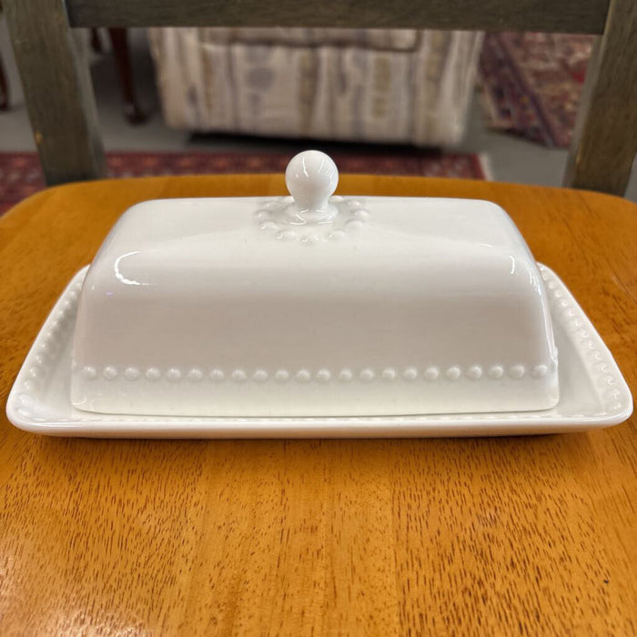 White Ceramic Butter Dish w Dotted Border