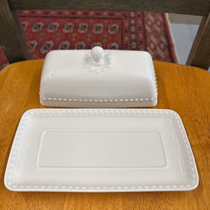 White Ceramic Butter Dish w Dotted Border