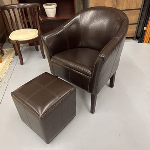 Brown Vegan Club Leather Chair w Ottoman