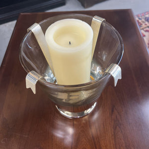 Glass Candle Holder w Gold Strapping w LED Candle