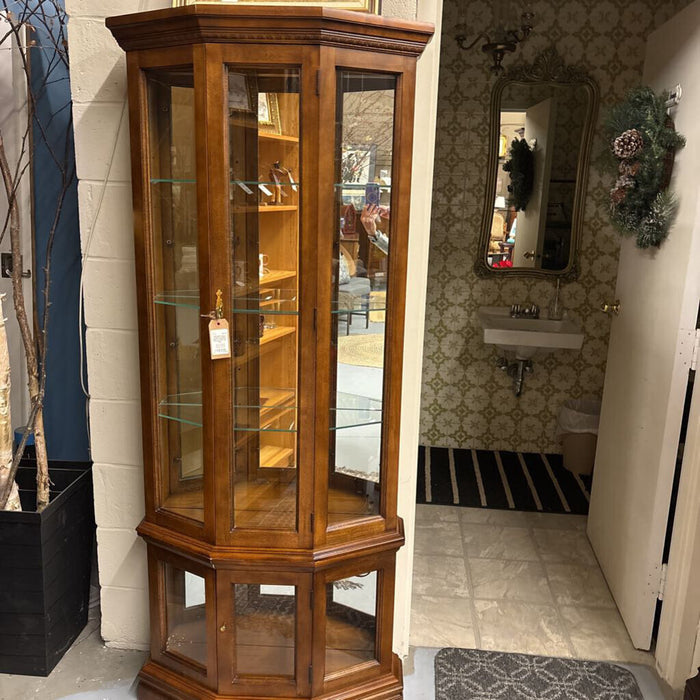 Mahogany Curio Cabinet w Glass Shelves & Bottom Storage