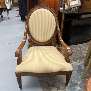 Carved Mahogany Arm Chair w Gold Satin Fabric