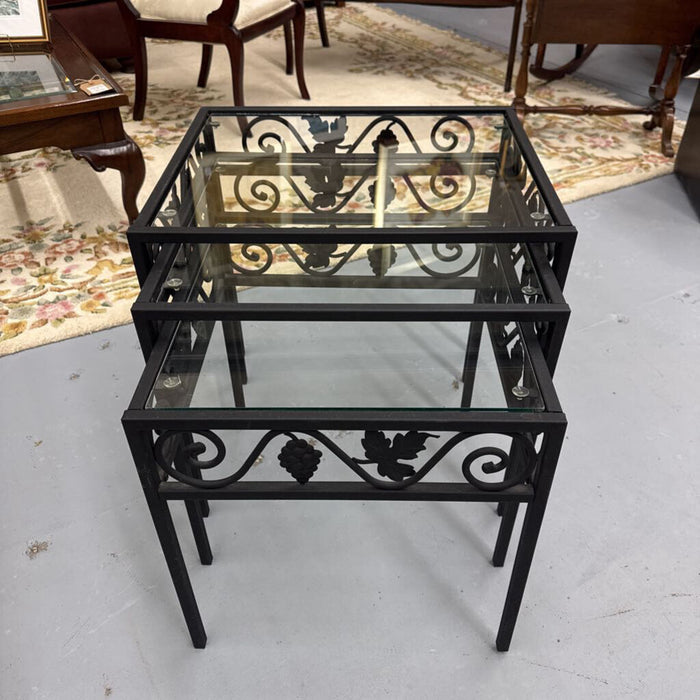 Black Metal Glass Top Nesting Tables (3) w Leaf Design