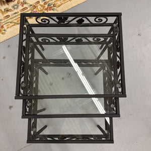 Black Metal Glass Top Nesting Tables (3) w Leaf Design