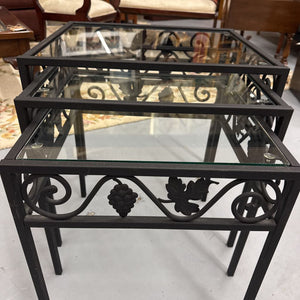 Black Metal Glass Top Nesting Tables (3) w Leaf Design