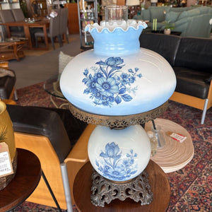 Antique 'Gone With The Wind' Hurricane Lamp - Brass Base, Ruffled Shade Blue Flowers