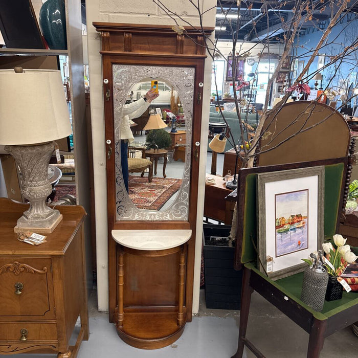 Antique Coat/Hall Tree w Marble 1/2 Moon & Etched Mirror