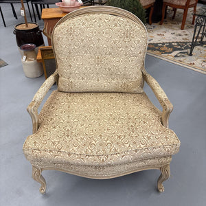 Queen Anne Chair by Vogel w Carved Arms, Gold Fabric & Crackled Finish