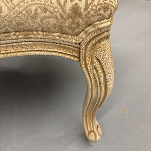 Queen Anne Chair by Vogel w Carved Arms, Gold Fabric & Crackled Finish