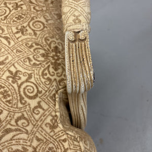 Queen Anne Chair by Vogel w Carved Arms, Gold Fabric & Crackled Finish