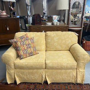 Buttercream Yellow Love Seat w Leaf Patterned Fabric