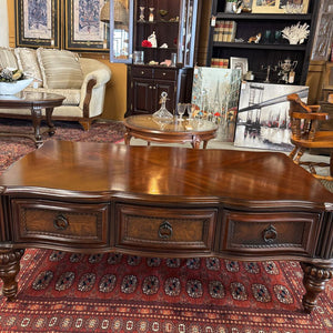 Mahogany Coffee Table w Carved Legs and Bookmatched Top