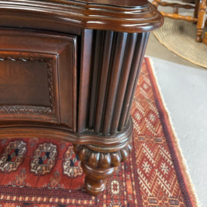 Mahogany Coffee Table w Carved Legs and Bookmatched Top