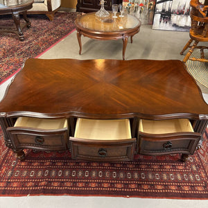 Mahogany Coffee Table w Carved Legs and Bookmatched Top