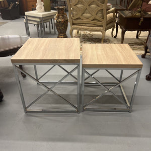 Nesting Table - 2 Piece Set w Natural Laminate Top & Chrome Metal Base