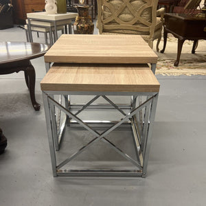 Nesting Table - 2 Piece Set w Natural Laminate Top & Chrome Metal Base