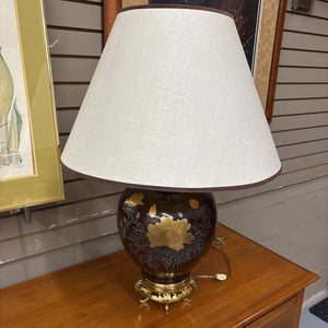 Vintage Style Table Lamp w Black & Gold Floral Design on a Brass Base