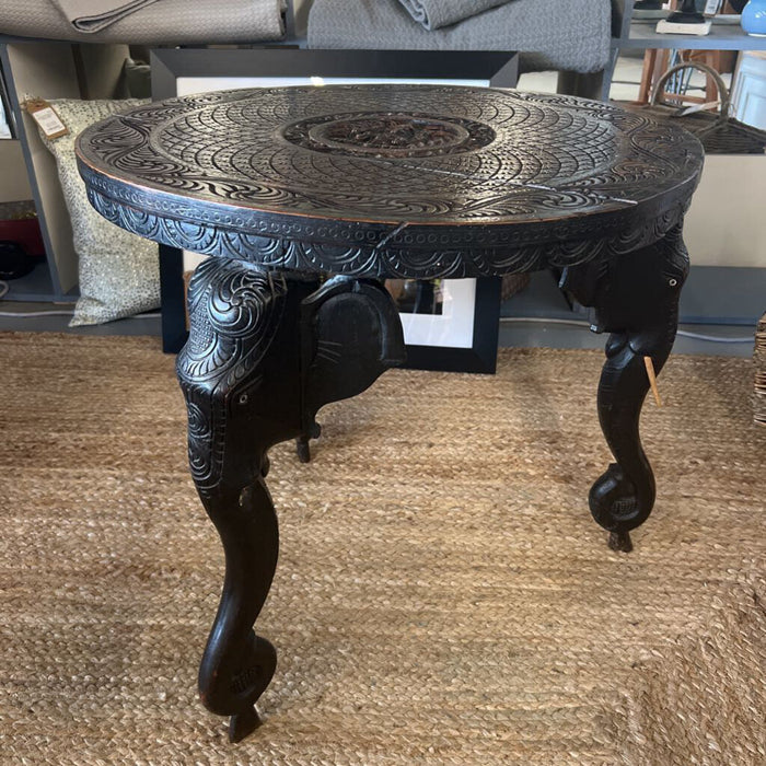 Carved Indian Round Table w Elephant Legs