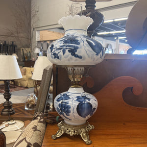 "Gone With The Wind" Hurricane Lamp w Blue Handpainted Shade