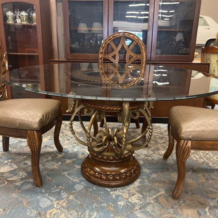 Round Bevelled Glass Pedestal Table w 4 Vegan Leather Chairs