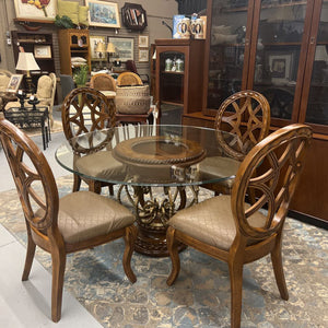 Round Bevelled Glass Pedestal Table w 4 Vegan Leather Chairs