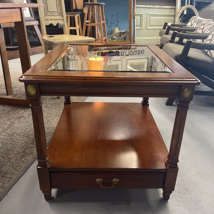 Rectangular Glass Top Side Table w Lower Shelf & Drawer